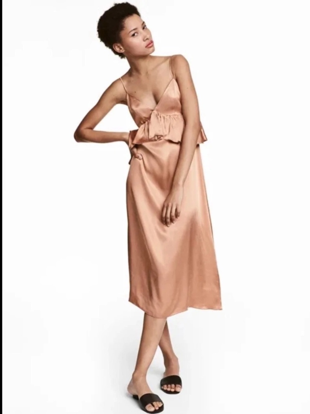 H&M Satin Copper-Tone Ruffle Slip Dress NWT